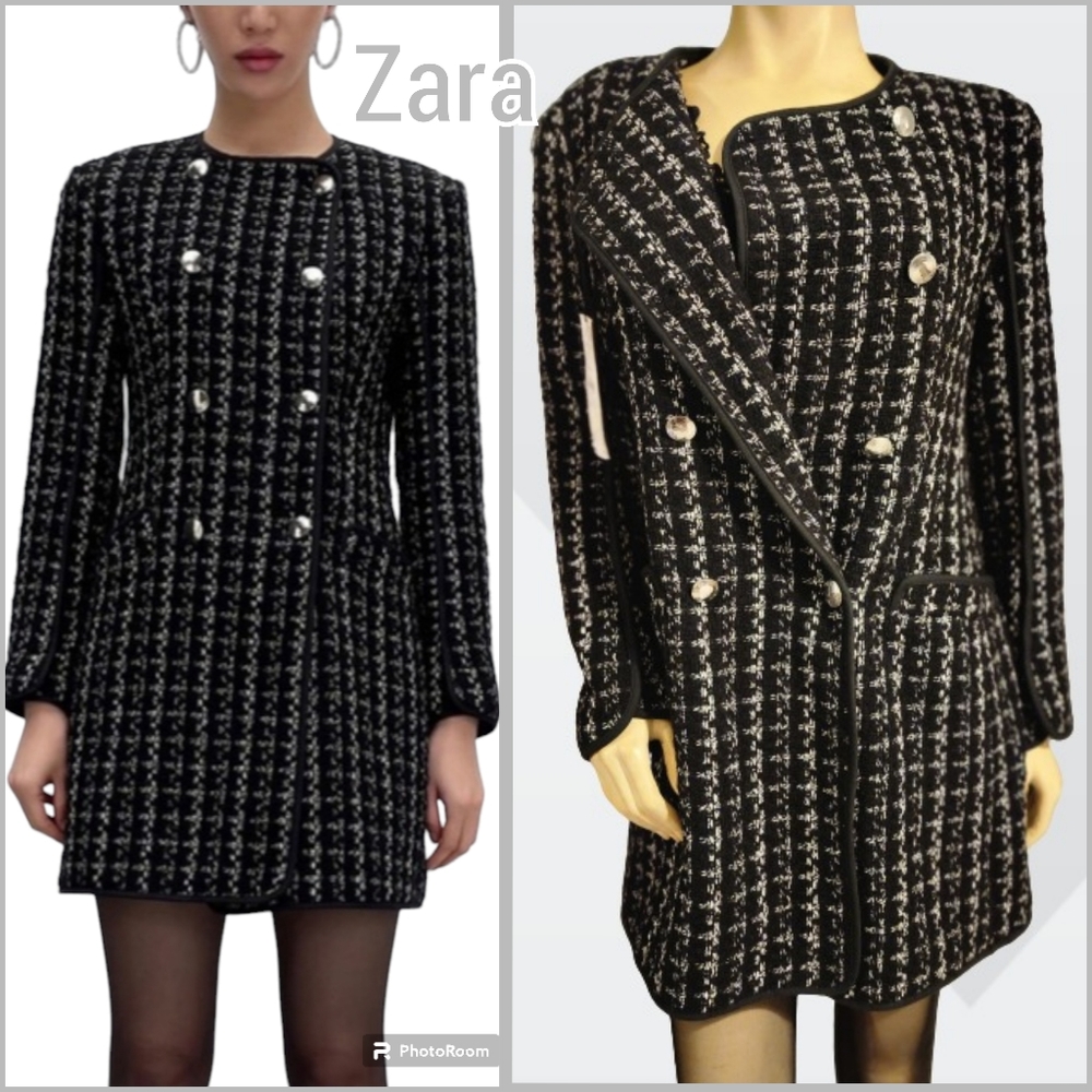 Zara Double Breasted Textured Coat Size Large Black and White NWT